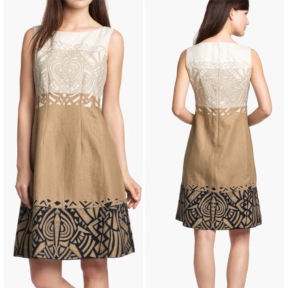 Lafayette 148 Dress Womens 12‎ Brown 100% Linen Embroidered Lined Classic Work